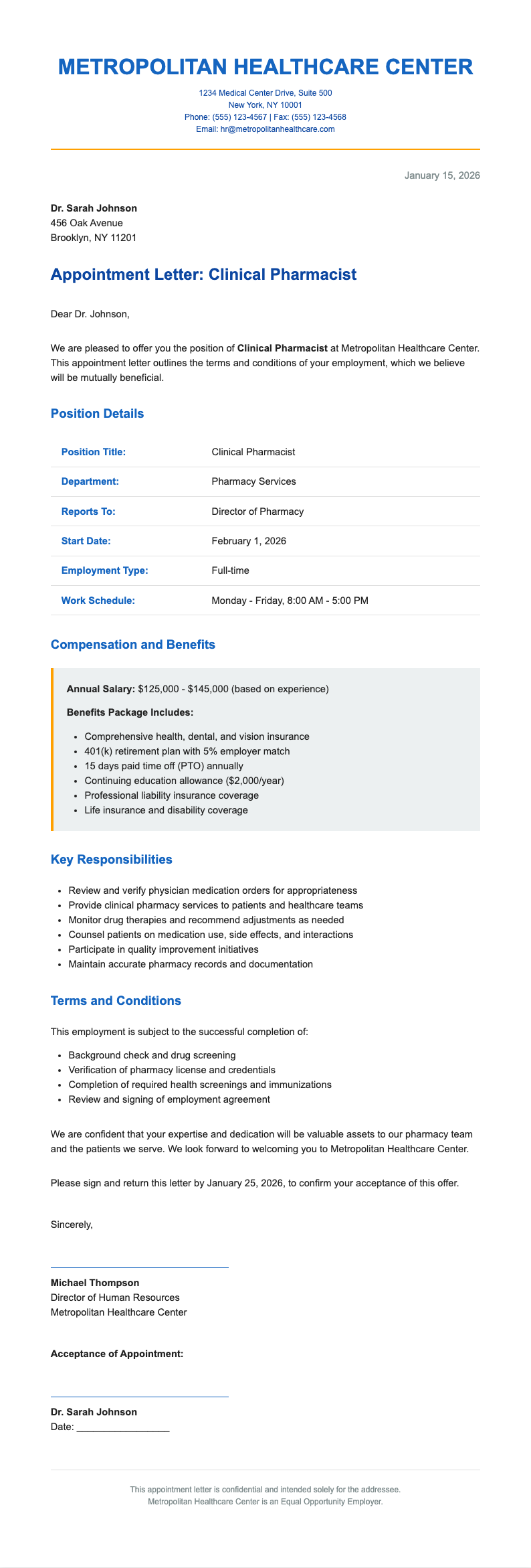 Investment research pharmacist appointment letter